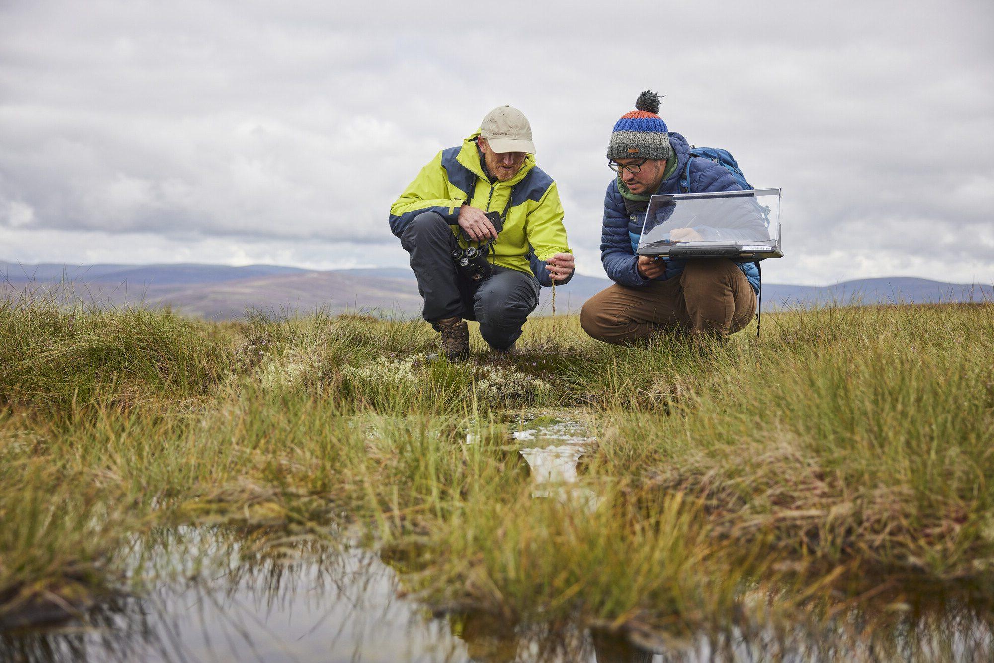 Two members of the peatland team crouched over a peat bog taking notes