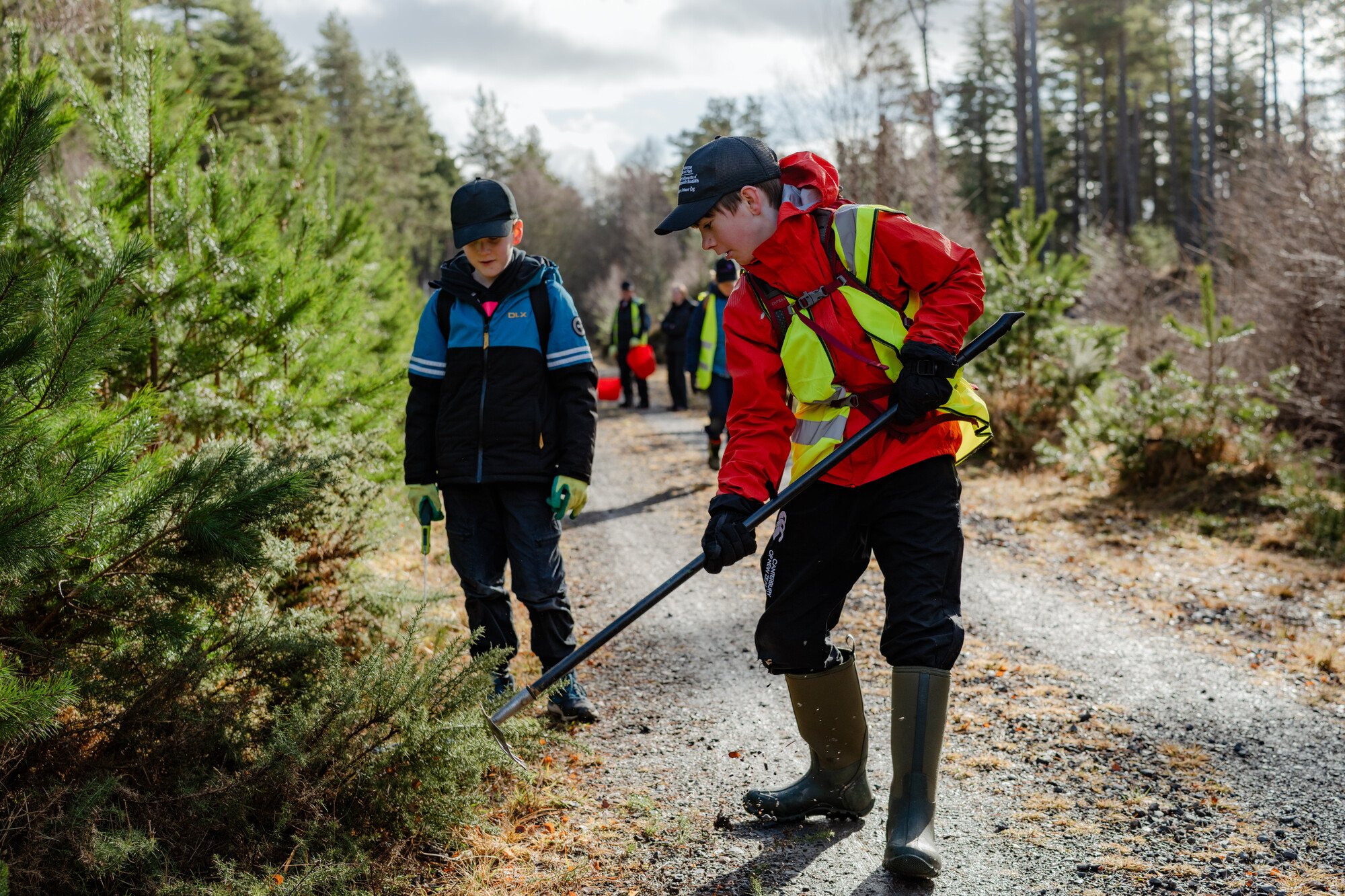 Junior Rangers clearing overgrown foliage from beside the Dava Way long distance route.
