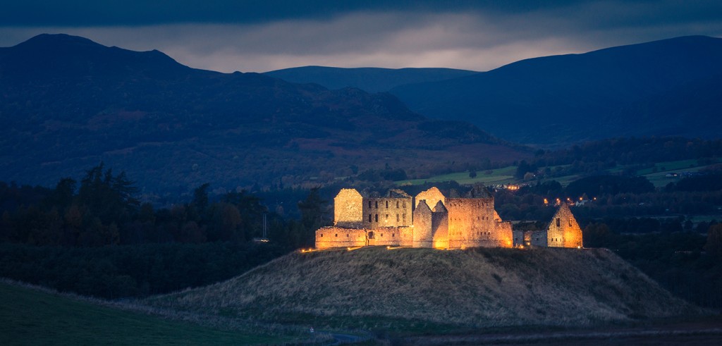 The illuminated Ruthven Barracks, Kingussie.