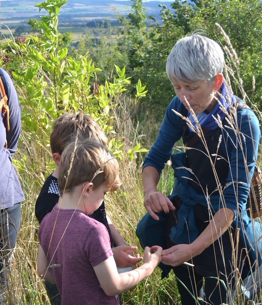 Two children and an older guide foraging in field