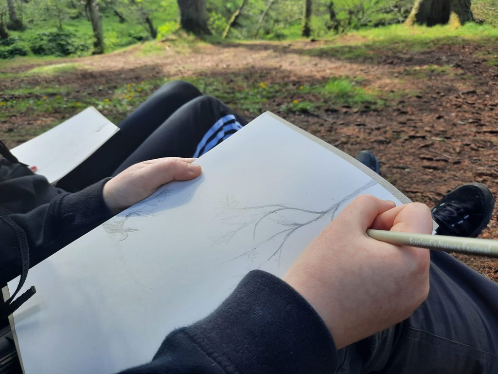 Children outside sketching nature