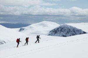 Three people ski touring in snow